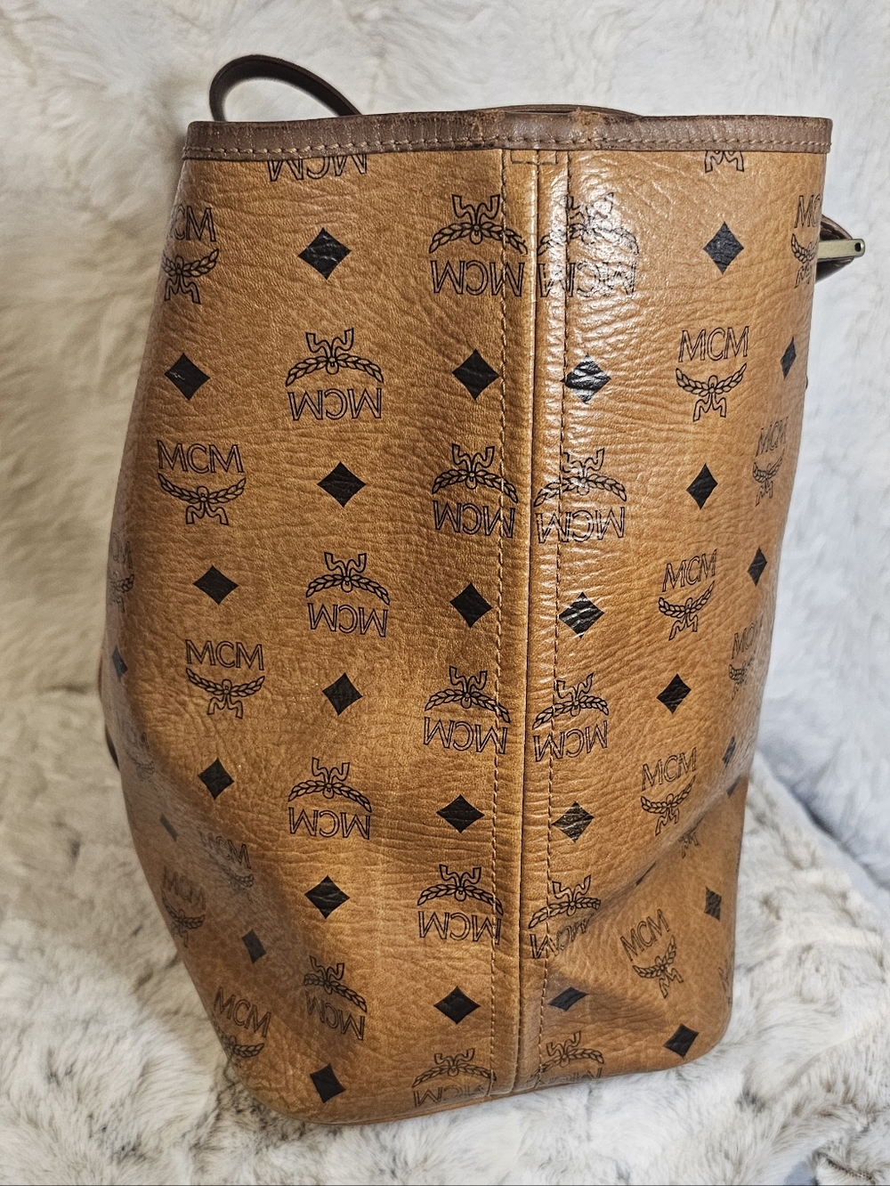 MCM Cognac Monogram Tote with Pink Center Stripe - Picture 6 of 16